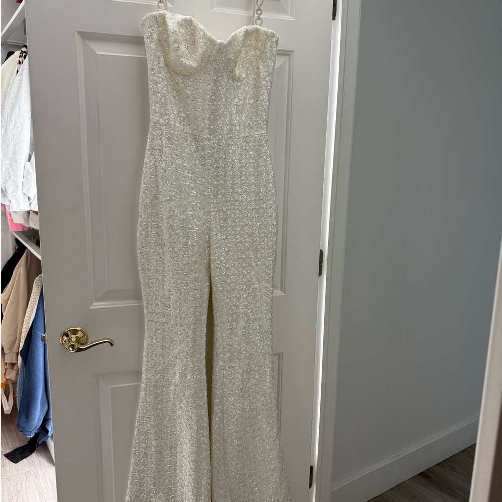 Elegant White Strapless Jumpsuit with sequin design